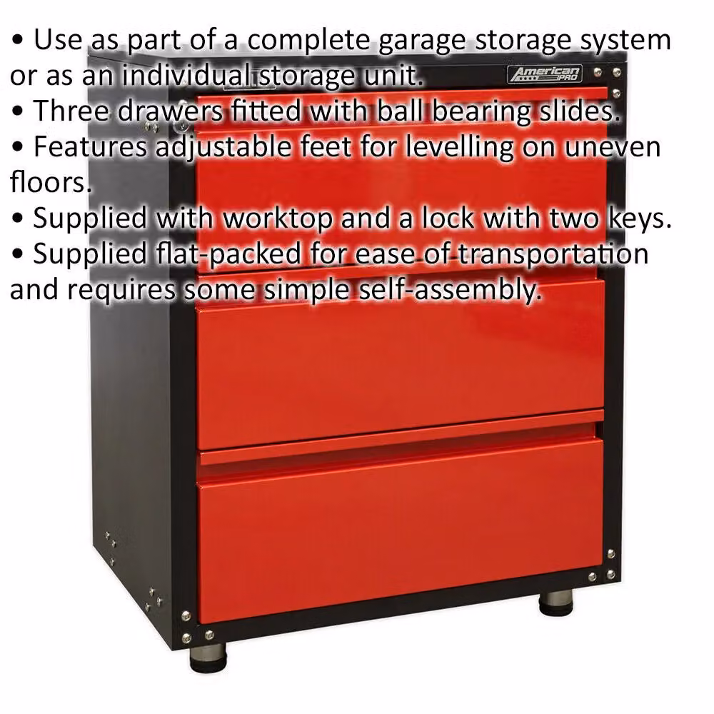 Loops Red Modular 3 Drawer Cabinet with Worktop and Lockable Metal Drawers, W/D/H: 66.5 x 46 x 82 cm – 2