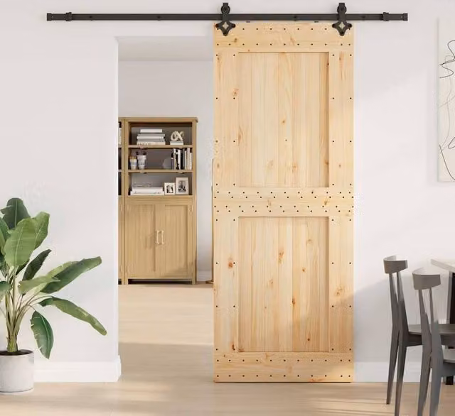 Berkfield Home Rustic Solid Wood Pine Sliding Door with Hardware Set, Brown, W: 90 cm, H: 210 cm