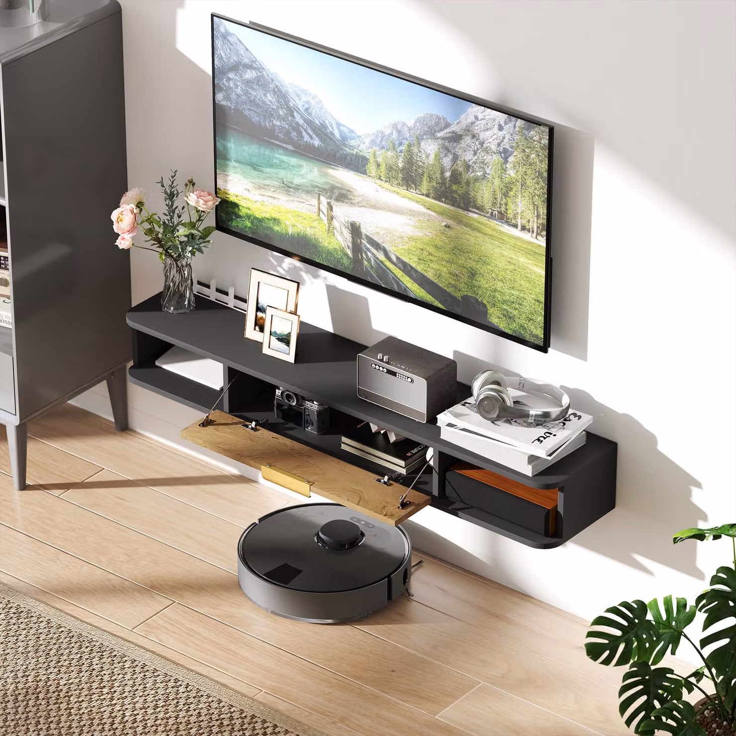 HOMCOM Modern Wall Mounted Floating TV Stand with Media Storage in Grey and Black Wood Finish, Width: 120 cm – 5
