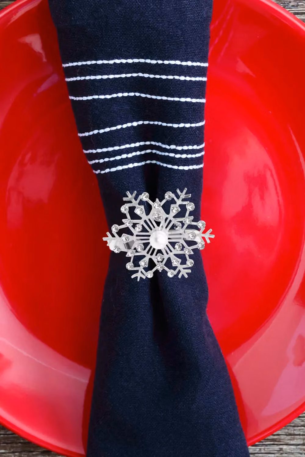 Neel Blue Silver Snowflake Napkin Rings with Faux Pearls and Diamante Rhinestones, 6 Pieces – 4