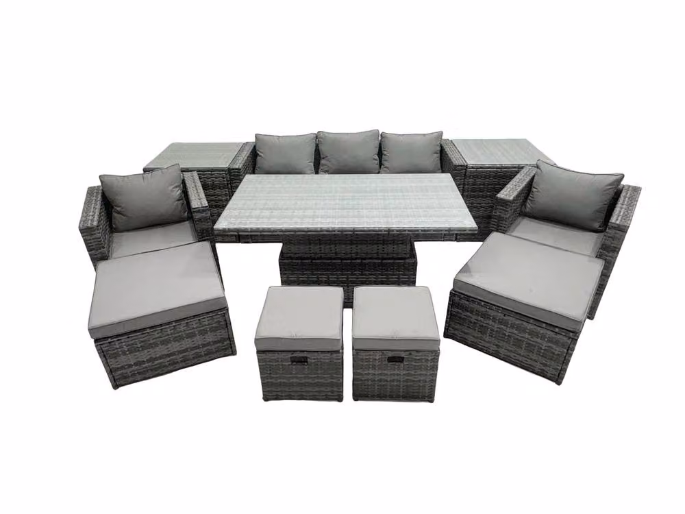 Fimous Rattan Lounge Sofa, Rising Dining Table Set, 2 Side Tables and 4 Footstools in Dark Grey – 2