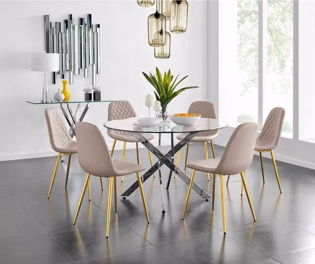 FurnitureboxUK Novara Round Glass Dining Table and 6 Corona Gold Chairs Set in Cappuccino, Diameter: 120 cm