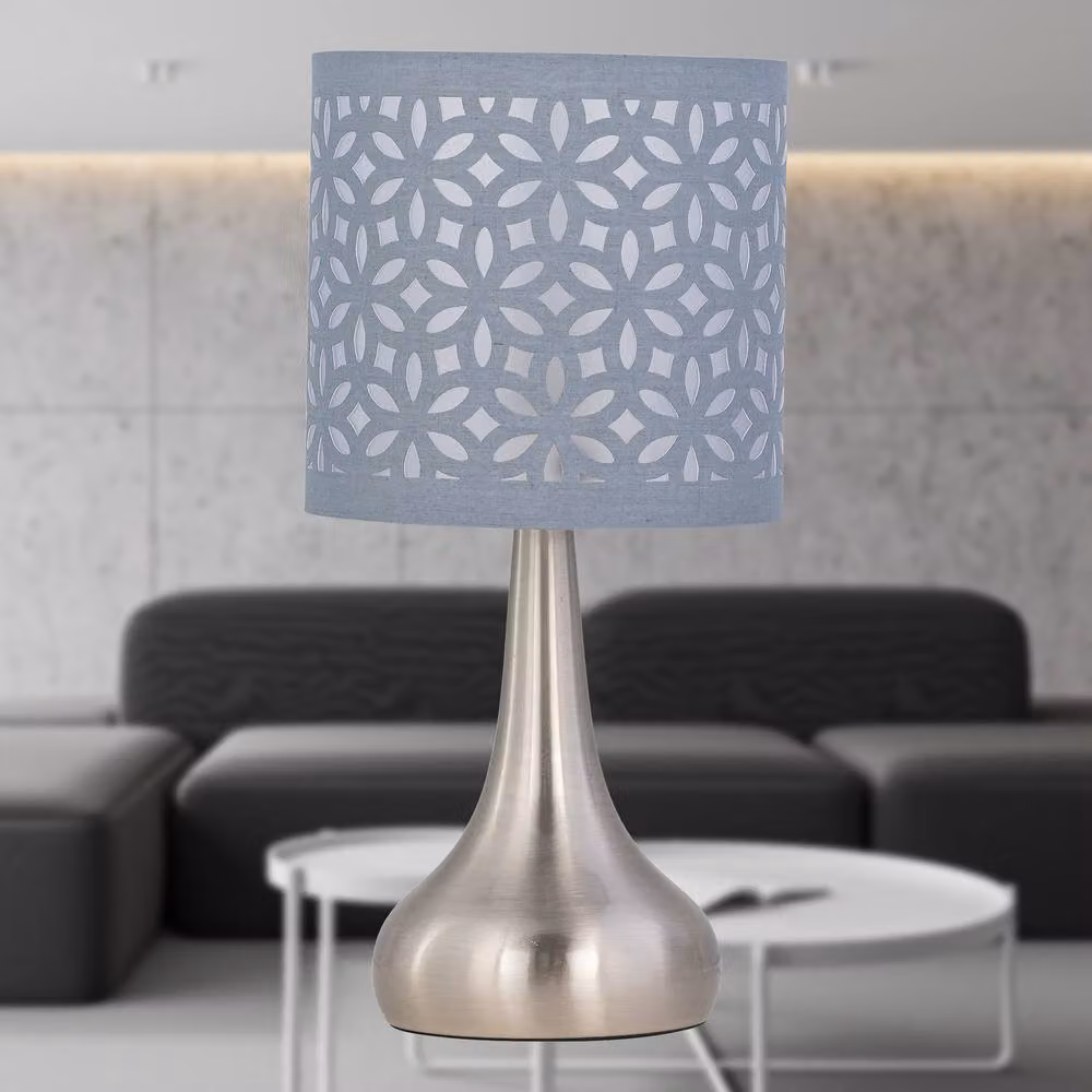 First Choice Lighting Romana Dimmable Touch Table Lamp in Brushed Chrome with Grey Laser Cut Shade – 2