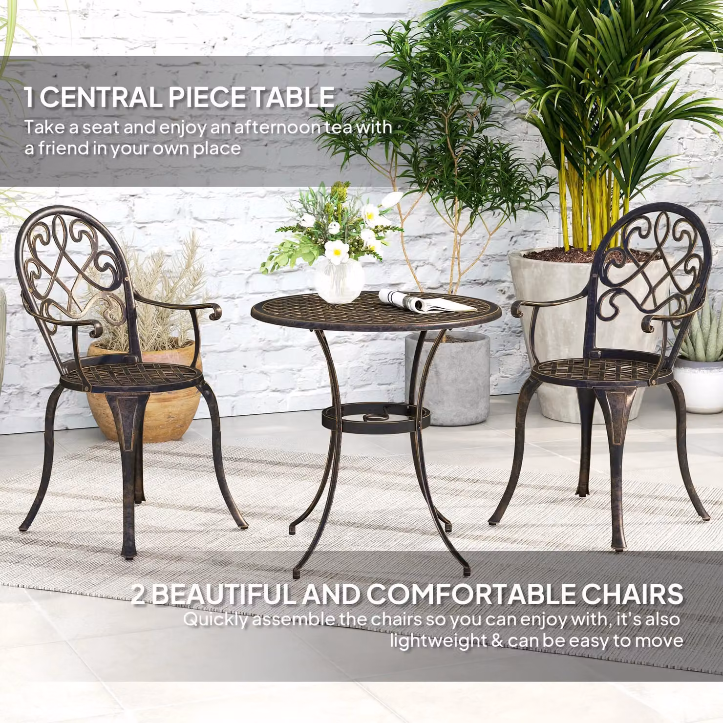 OUTSUNNY 3-Piece Bronze Aluminium Bistro Set with Round Garden Table and Chairs – 4