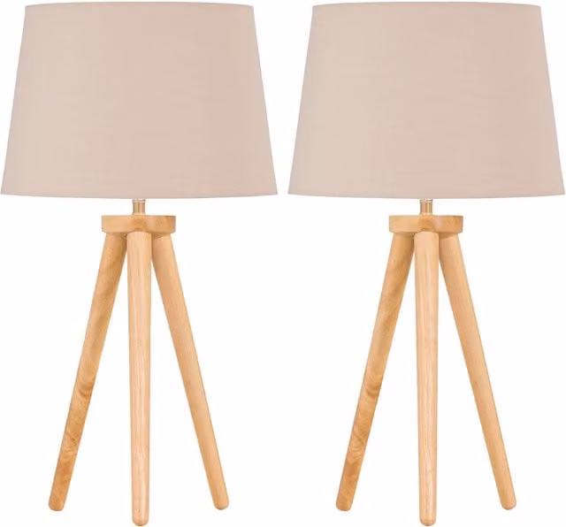 First Choice Lighting Set of 2 Light Oak Table Lamps with Brown Fabric Shades