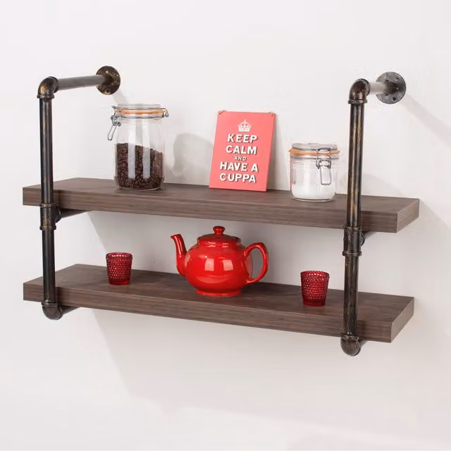 Core Products Ltd Industrial Wall Mounted Shelf with Pipe Design Brackets in Brown and Gold, W: 60 cm, D: 29.5 cm