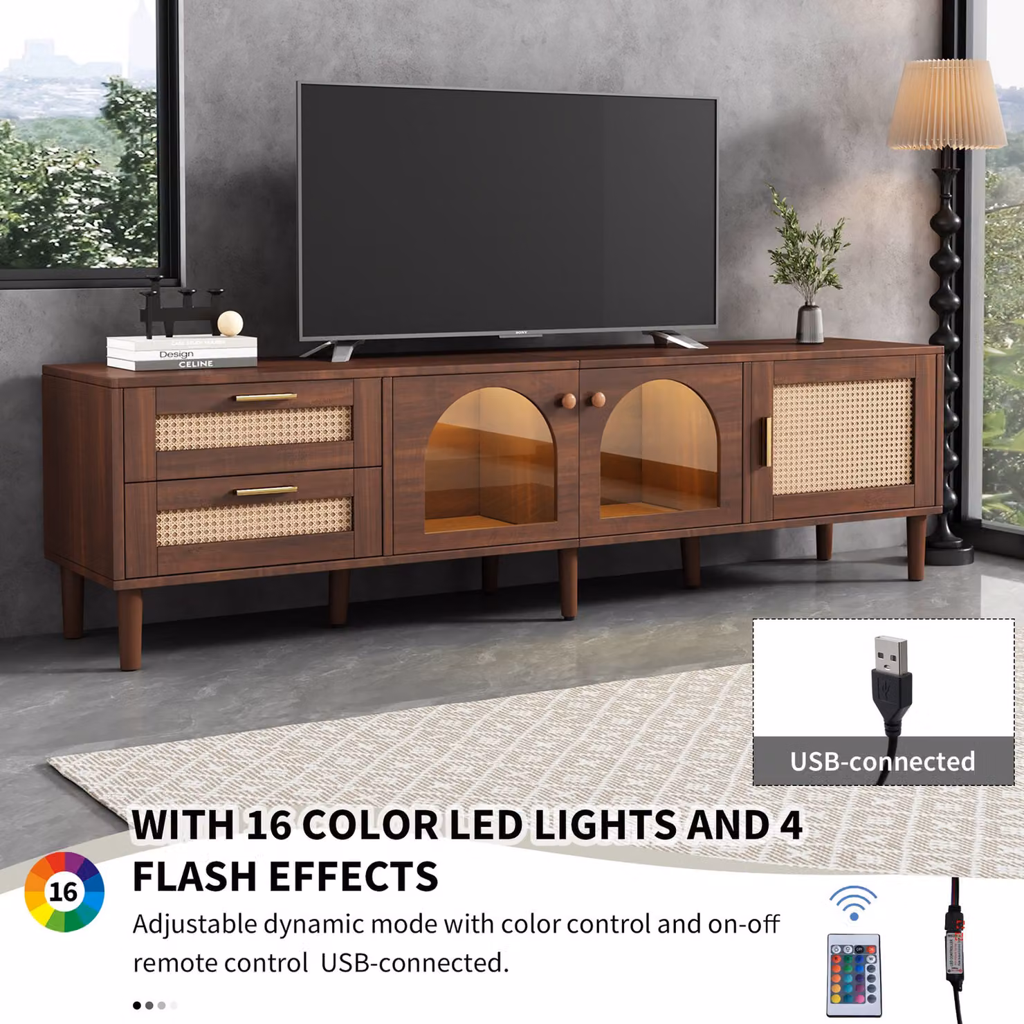 Aosom.UK Brown Wooden TV Stand for 80-Inch TVs with Curved Rattan Drawers, Glass Doors and LED Lighting, W/D/H: 180 x 40 x 50 cm – 5