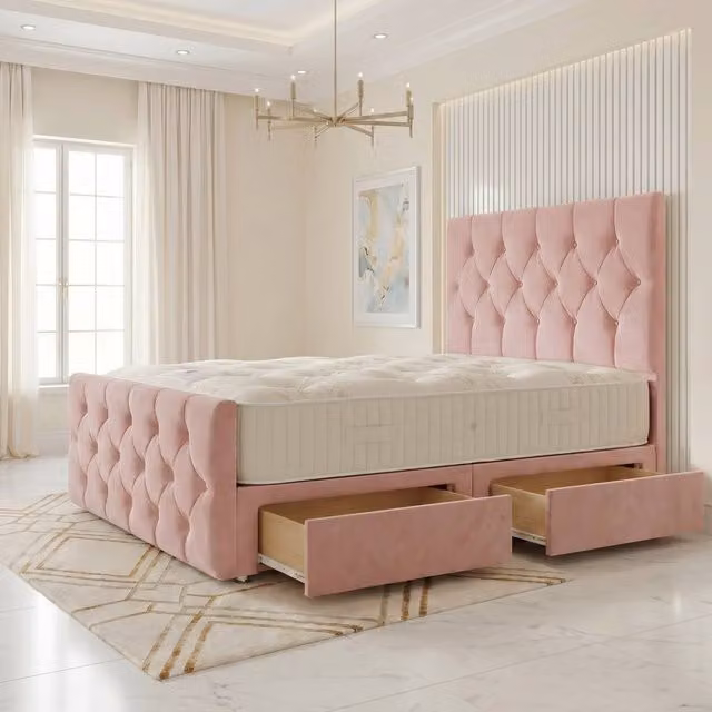 Somnior Ziggy Pink Velvet Divan Bed with 2 Drawers, Headboard and Footboard, W/D/H: 120 x 200 x 28 cm