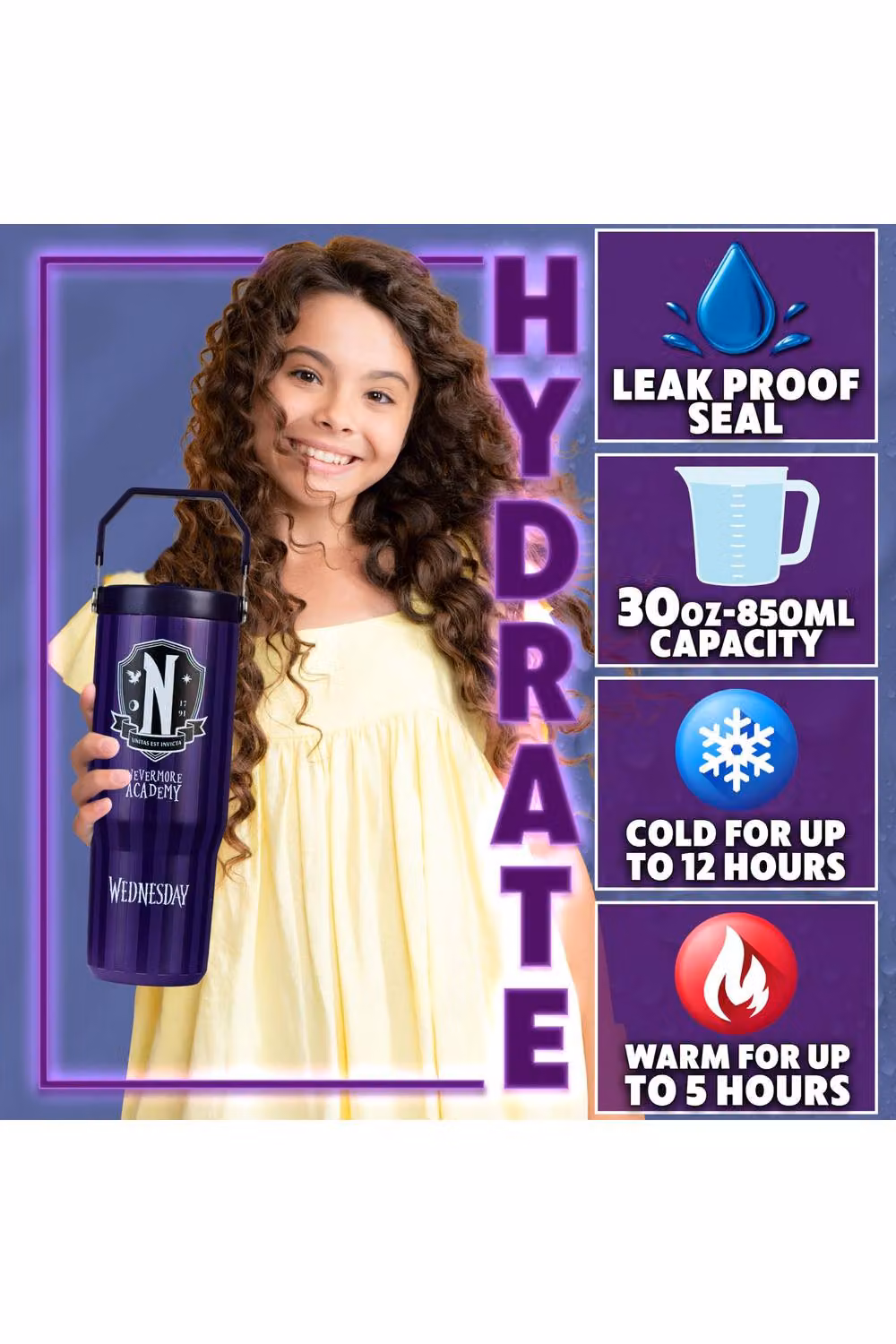 Get Trend Wednesday Insulated Metal Travel Tumbler with Flip Up Straw and Handle, 850ml, Purple – 8