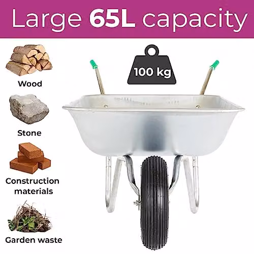 Neo Galvanised Metal Home Garden Cart Wheelbarrow with Pneumatic Tyre, Silver (65L) – 3