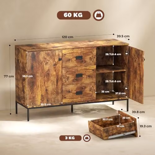 HOMCOM Rustic Brown Sideboard and Kitchen Cabinet, W: 120 cm, D: 39.5 cm, H: 77 cm – 3