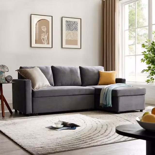 Home Detail Dorset Velvet Pull Out Sofa Bed with Reversible Chaise and Underseat Storage in Dark Grey