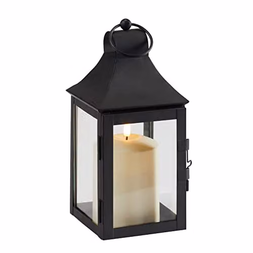 Lights4fun Albury Black Metal Outdoor Garden LED Lantern with TruGlow Pillar Candle and Remote Control, Height: 25 cm – 3