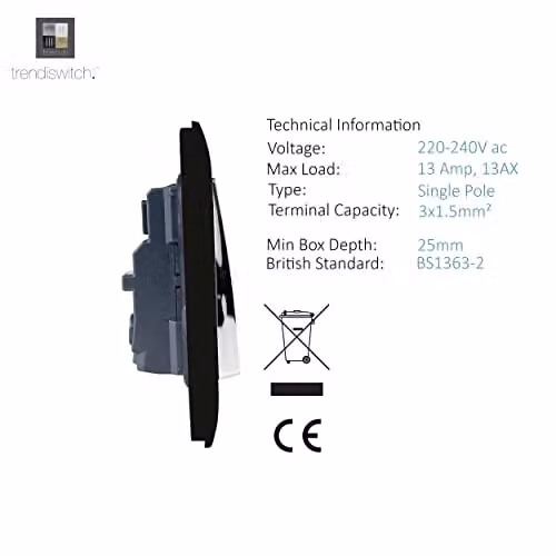 Trendi Switch 1 Gang 13 Amp Single Pole Flush Socket in Black – 4