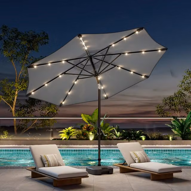Breeins Light Grey Parasol with 24 LED Lights, Crank Mechanism and Fillable Base
