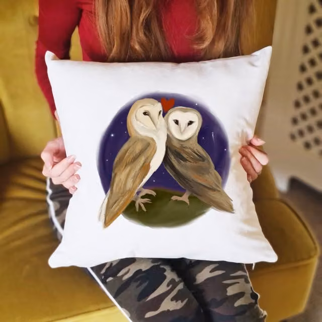 Afewhometruths Mates for Life Barn Owls Love Cushion, Off-White, W x H: 40 x 40 cm – 1