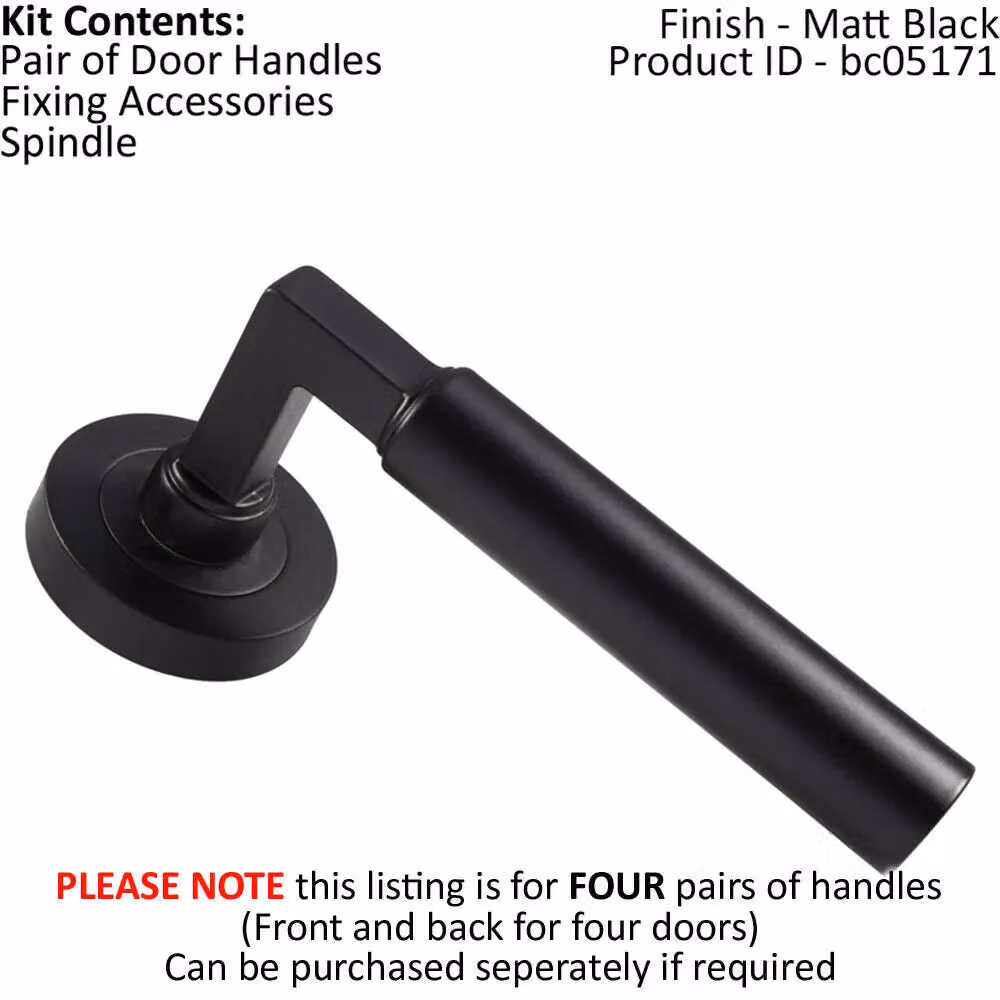 Loops 4 Pair Straight Round Bar Handles with Round Rose in Matt Black with Concealed Fixings – 2