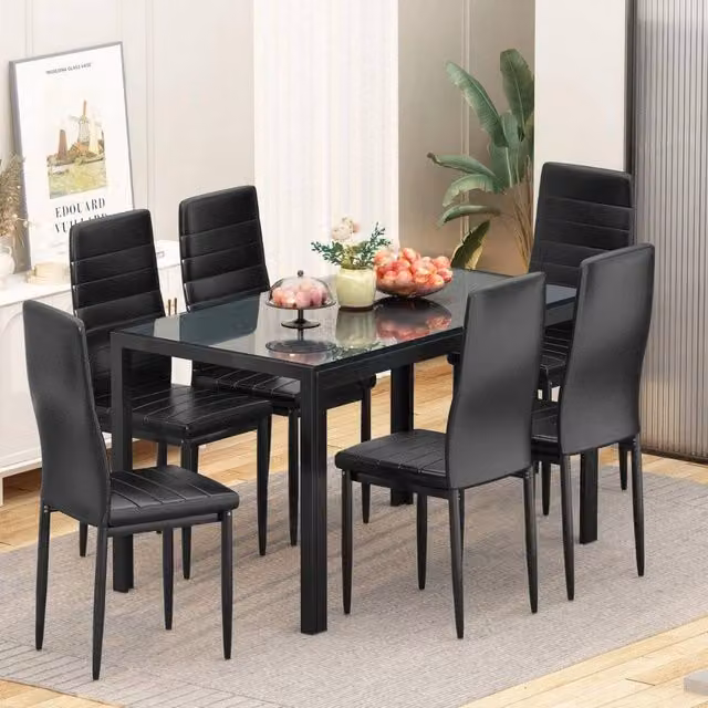 KOSY KOALA Black Glass Dining Table and 6 Black Faux Leather Chairs Set, W/D/H: 120 x 70 x 75 cm – 1