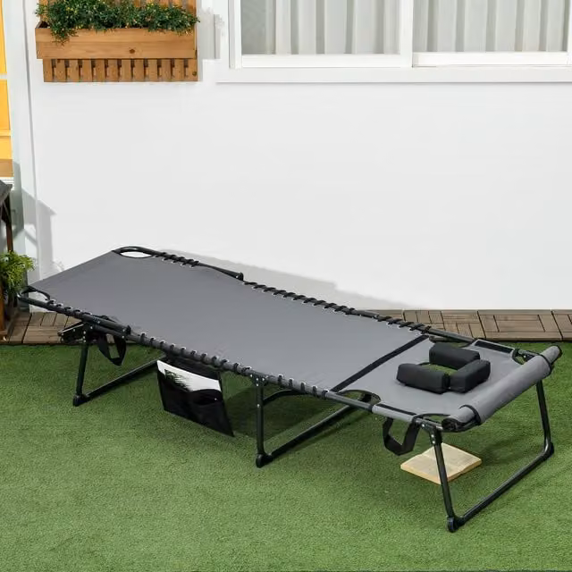 Outsunny Grey Textilene Reclining Folding Sun Lounge with Multi-Position Glide