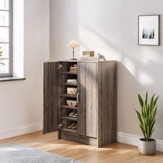 Komore Modern Grey Wood Grain Freestanding Shoe Storage Cabinet with Hinged Doors and Internal Shelves