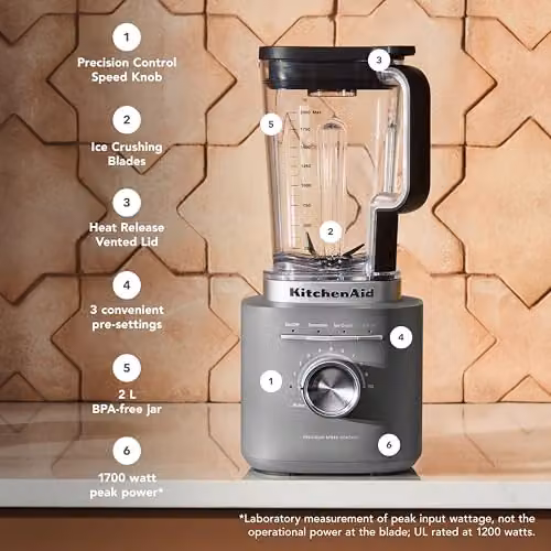 KitchenAid Pure Power Blender with 2L BPA-Free Pitcher, 1200W Motor, 10 Variable Speeds and Ice Crush & Smoothie Programs in Charcoal Grey – 2