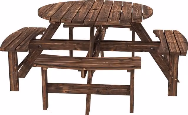 Outsunny 8 Seater Wooden Garden Dining Set with Round Picnic Table and Parasol Hole in Sand Brown – 1