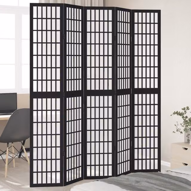 Berkfield Home 5 Panel Room Divider in Black Solid Paulownia Wood – 1