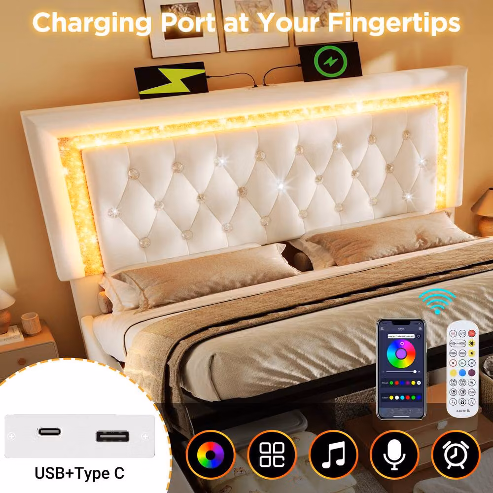 Rolipo Beige Velvet Super King Size Bed with LED Lighting, USB Charging Port and Hydraulic Storage W: 180 cm, D: 200 cm – 4