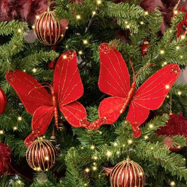 Melody Maison Set of 2 Deep Red Glitter Velvet Butterfly Christmas Tree Hanging Decorations, Height: 22 cm