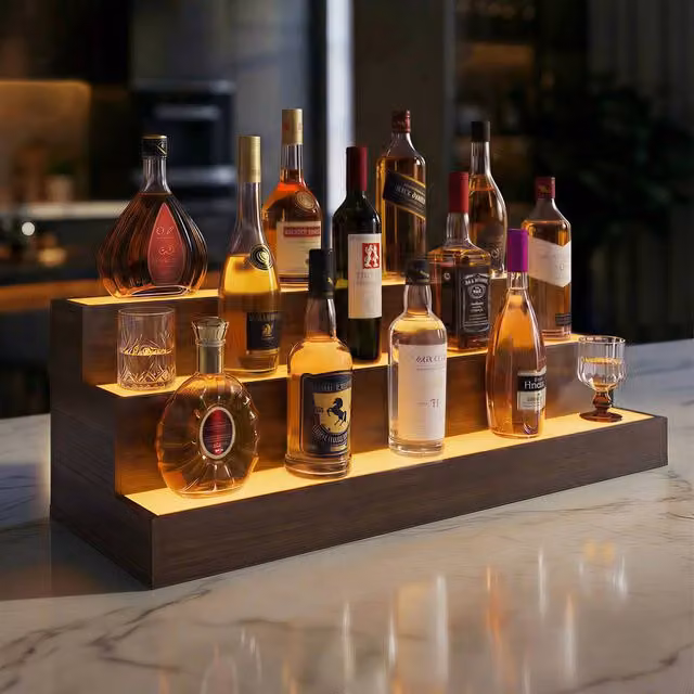 Matteo 3-Tier LED Lighted Bar Bottle Display Shelf with App and Remote Control, Brown Wood