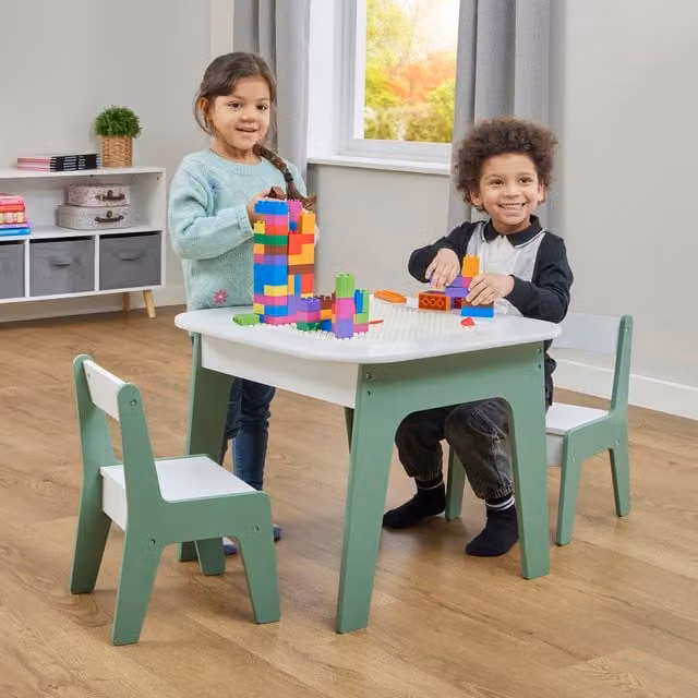 Liberty House Toys Kids 4-in-1 Play Table and Two Chairs Set in White and Green