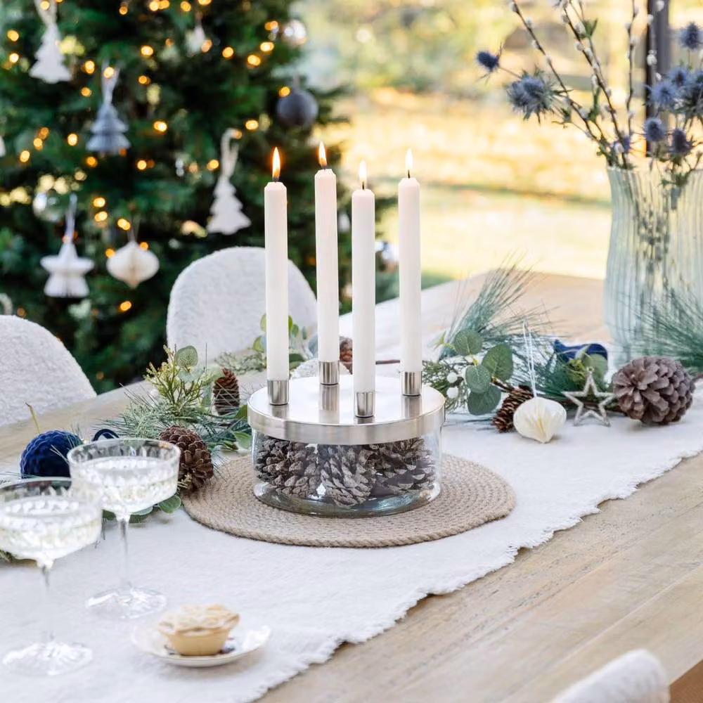 Ivyline Silver Metal and Glass Round Candle Holder Bowl W: 20 cm, D: 20 cm, H: 9.5 cm – 2