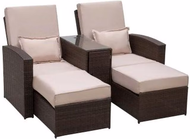 Chilli Seating Lordos 2 Seater Rattan Sofa Lounger Set in Brown with Adjustable Headrest and Weatherproof Cushions