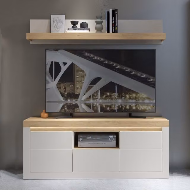 Furniture To Go Naxxar Modern TV Cabinet in Cashmere and Stone Oak with 2 Doors, 1 Drawer, Integrated Lighting and Soft Close Drawers