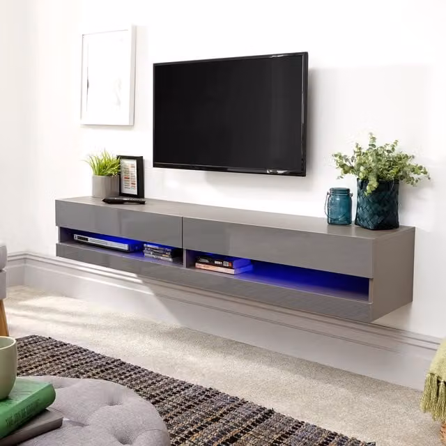 GFW Galicia Wall Mounted TV Unit with LED Lighting in Glossy Grey, Width: 150 cm