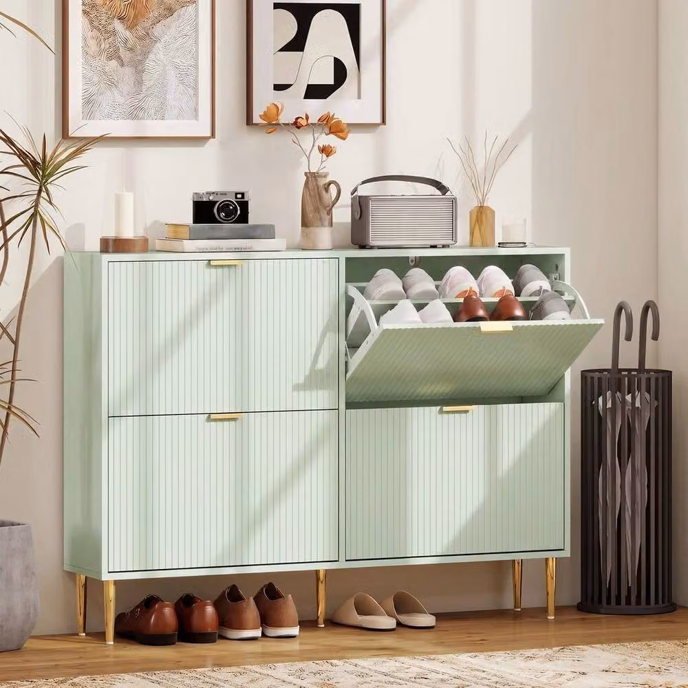 Kelvenix Slim Shoe Storage Cabinet with 4 Tilting Compartments in Matt Green and Gold – 2