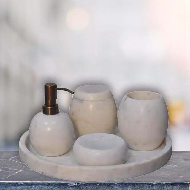 Aosom UK 5-Piece Marble and Mango Wood Bathroom Accessories Set, White and Brown, W: 10 cm, D: 10 cm, H: 14 cm – 1