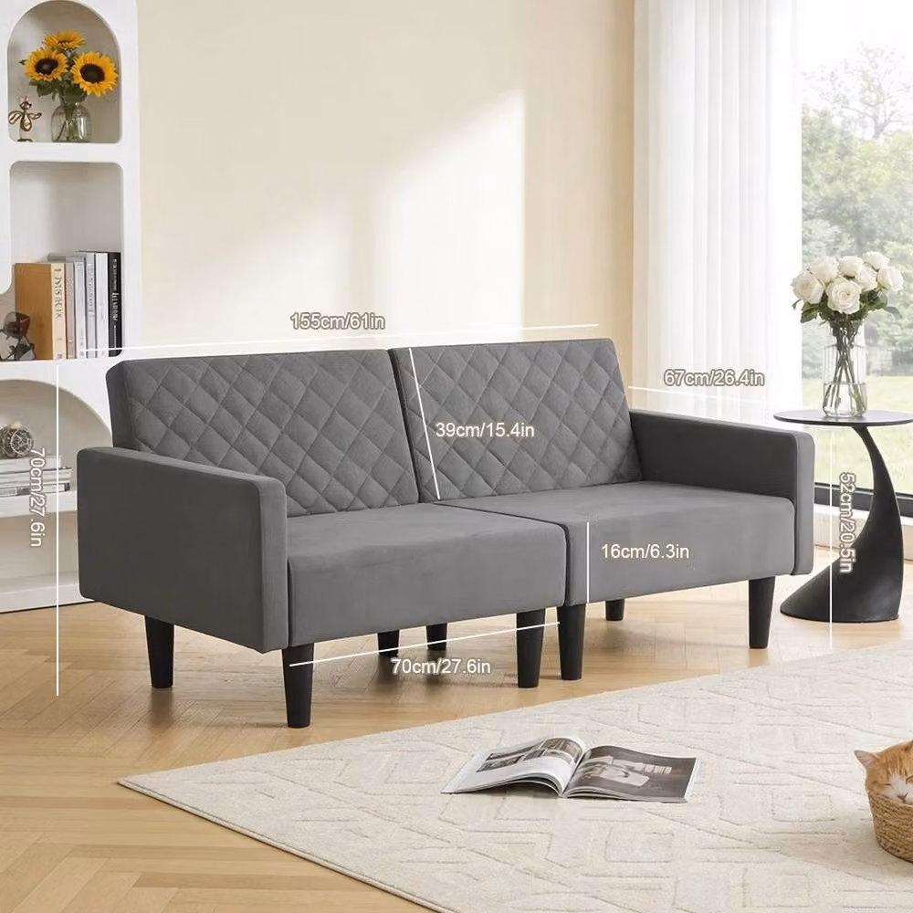 KORVIXA Grey Velvet Convertible Folding Futon Sofa Bed with Wood Frame, W/D/H: 100 x 100 x 100 cm – 2