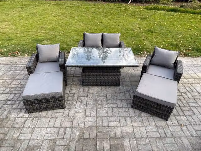 Fimous Wicker Rattan Garden Furniture Set with Rising Table, 2 Armchairs, Double Seat Sofa and 2 Footstools in Dark Grey Mixed