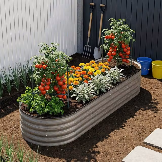 Breeins Galvanised Steel Raised Garden Bed with Trellis in Grey, 240 cm