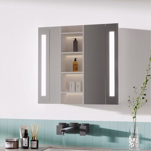 Komore White Modern Wall Mounted Bathroom Mirror Cabinet with LED Lighting, Anti-Fog Feature and Sensor Switch