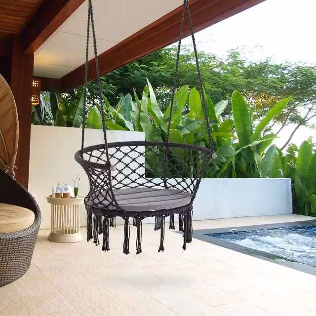 Outsunny Boho Cotton Rope Hammock Chair with Armrests in Grey