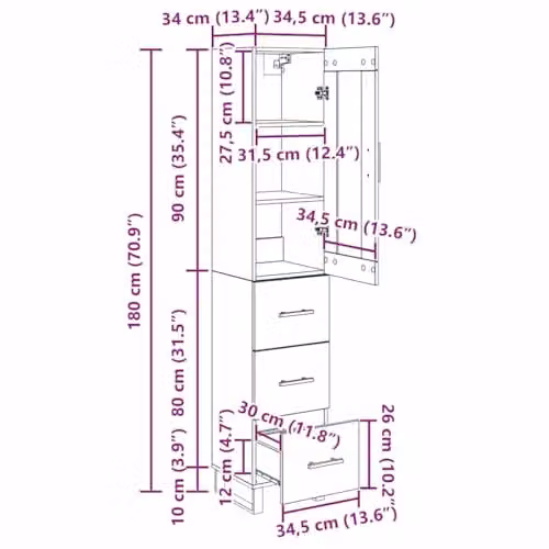 vidaXL Modern Tall Unit in Black with Wood and Metal Finish, W/D/H: 34.5 x 34.0 x 180.0 cm – 3