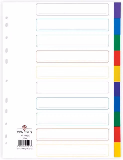 Pukka Concord A4 Multicolour Paper Dividers, 10 Pack