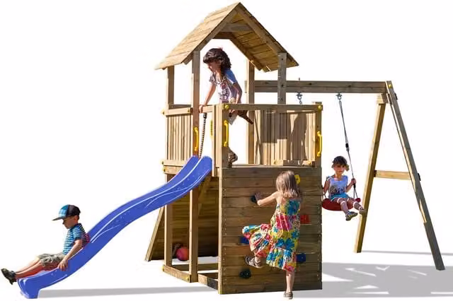 Shire Garden Buildings Adventure Fortress 3 Wooden Play Tower with Swing in Brown