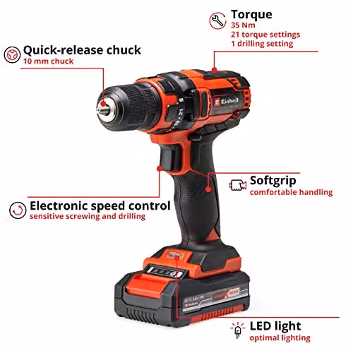Einhell Power X-Change 18V Cordless Drill with Battery and Charger, Black and Red, 35Nm – 2