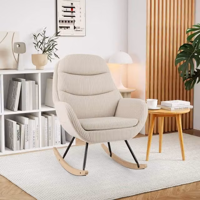 Costway Upholstered Nursery Glider Rocking Chair with Padded Backrest and Armrests in Beige