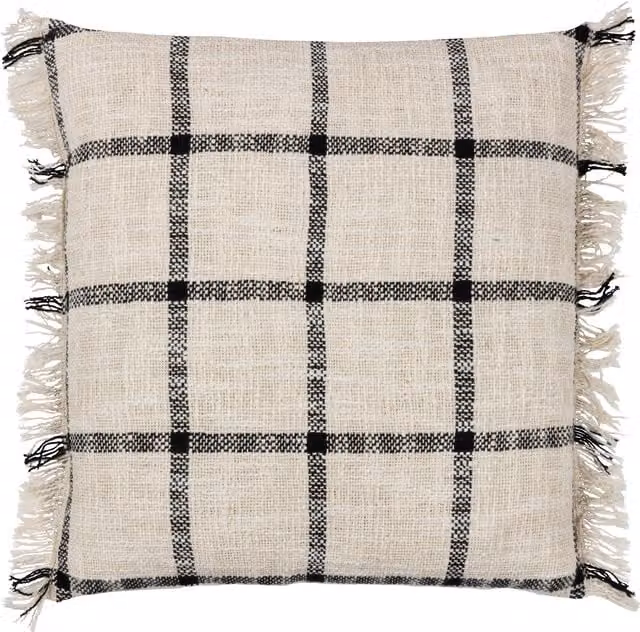 Yard Beni Checked Cotton Fringed Cushion in Black and Beige, W/D/H: 45 x 45 x 45 cm – 1