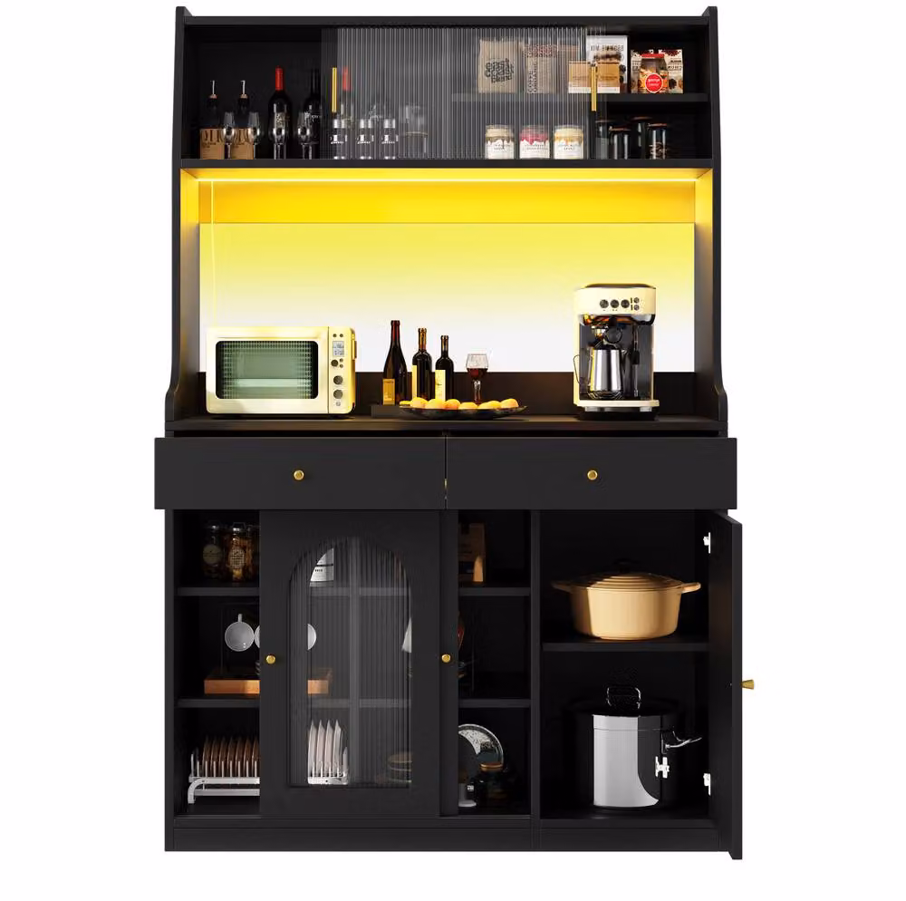 STILVORA Modern Black Kitchen Base Cabinet with Sliding Glass Doors, Integrated Lighting and Internal Drawers – 4