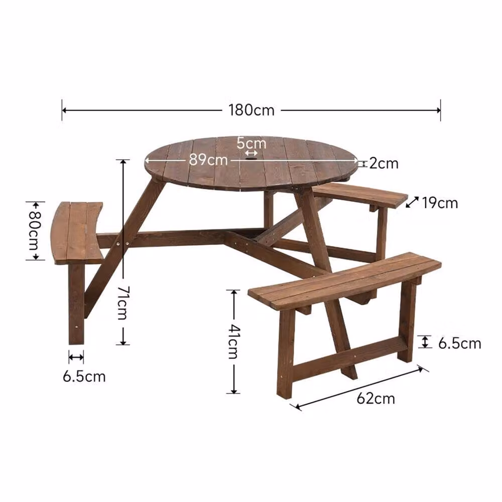 NESTLUNE 6 Seater Wooden Round Picnic Table and Bench Set in Brown – 2